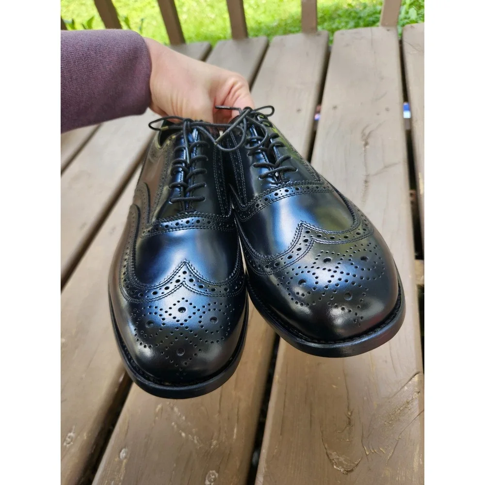 Vintage 80s Florsheim Wingtip Oxfords Black Leather Brogue Dress Shoes 8 3E Wide